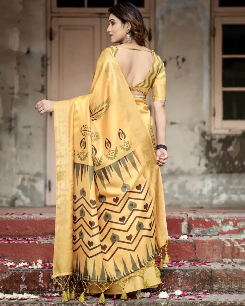 Geometric Digital Printed Golden Yellow Tussar Silk Saree