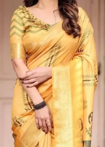 Geometric Digital Printed Golden Yellow Tussar Silk Saree
