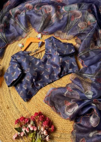 Gold Foil Print With Cutdana Handwork Soft Organza Saree