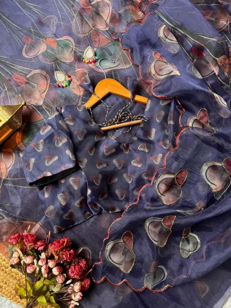 Gold Foil Print With Cutdana Handwork Soft Organza Saree