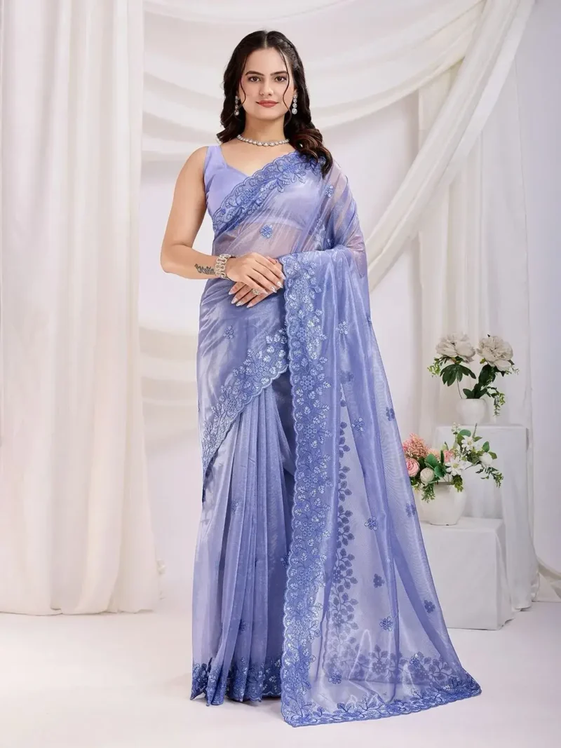 Gold Twill Net Sequins Embroidery With Cut Work Saree