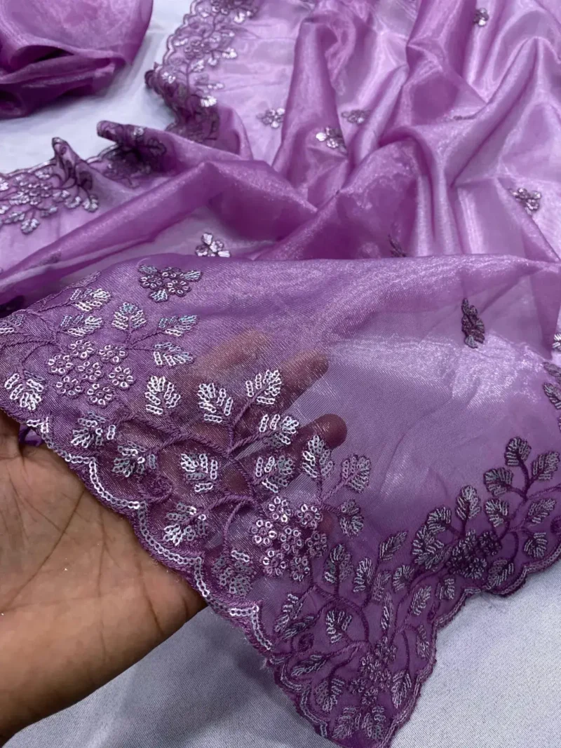 Gold Twill Net Sequins Embroidery With Cut Work Saree