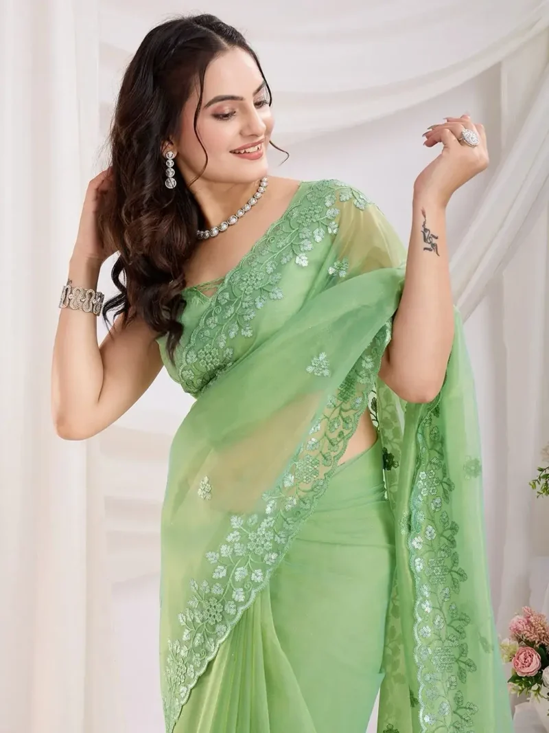 Gold Twill Net Sequins Embroidery With Cut Work Saree