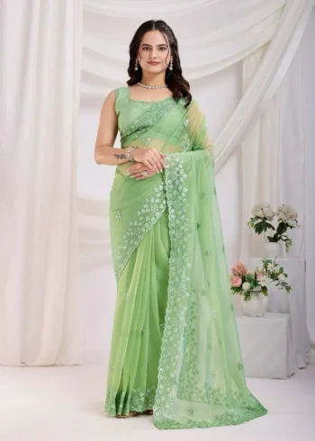 Gold Twill Net Sequins Embroidery With Cut Work Saree