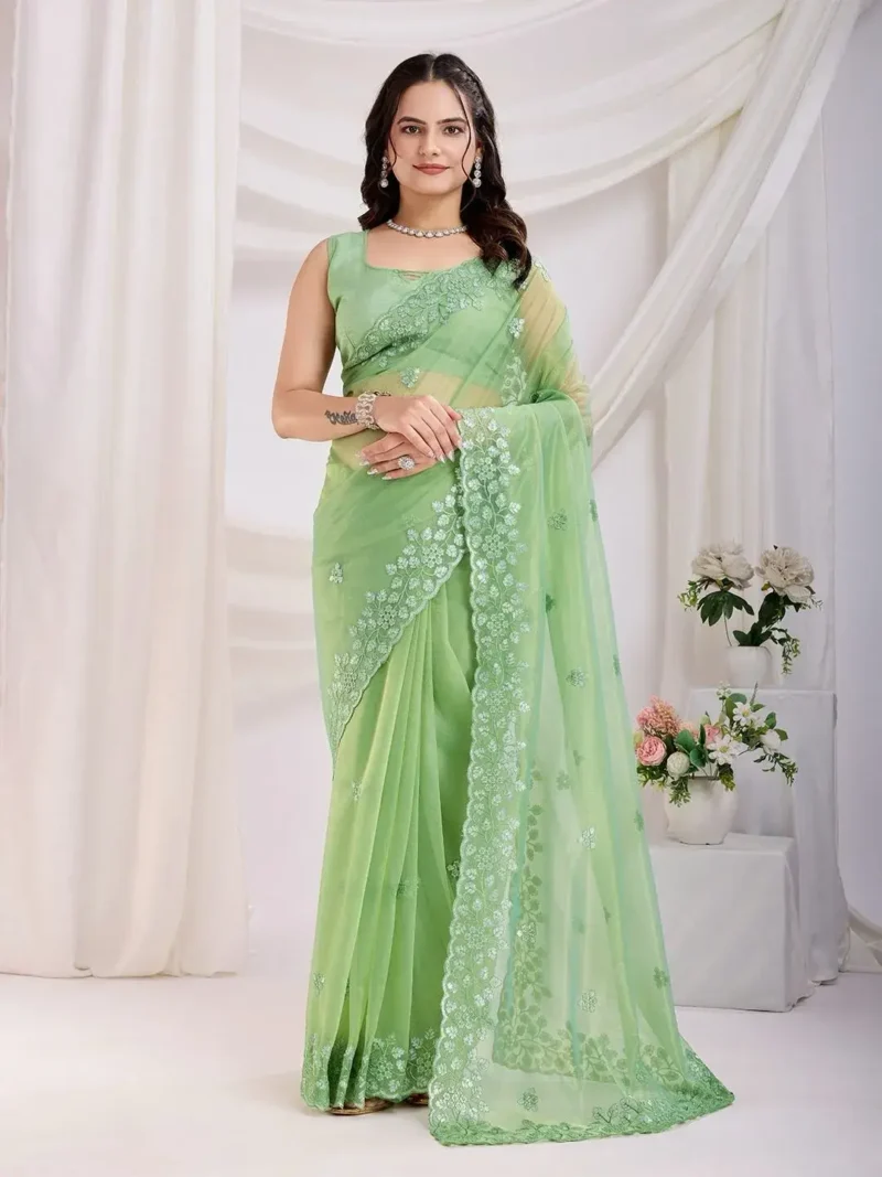 Gold Twill Net Sequins Embroidery With Cut Work Saree