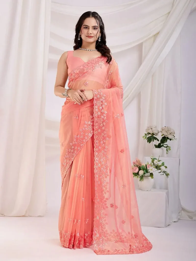 Gold Twill Net Sequins Embroidery With Cut Work Saree