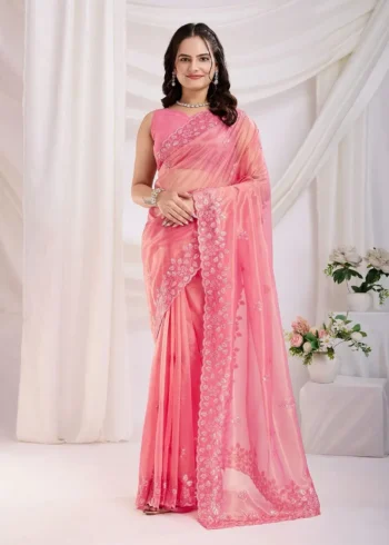 Gold Twill Net Sequins Embroidery With Cut Work Saree