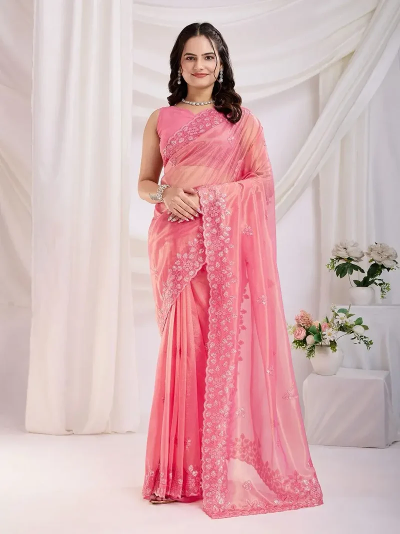 Gold Twill Net Sequins Embroidery With Cut Work Saree