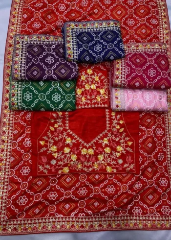 Golden Foil Bandhani Printed Lace Embroidered Wedding Saree