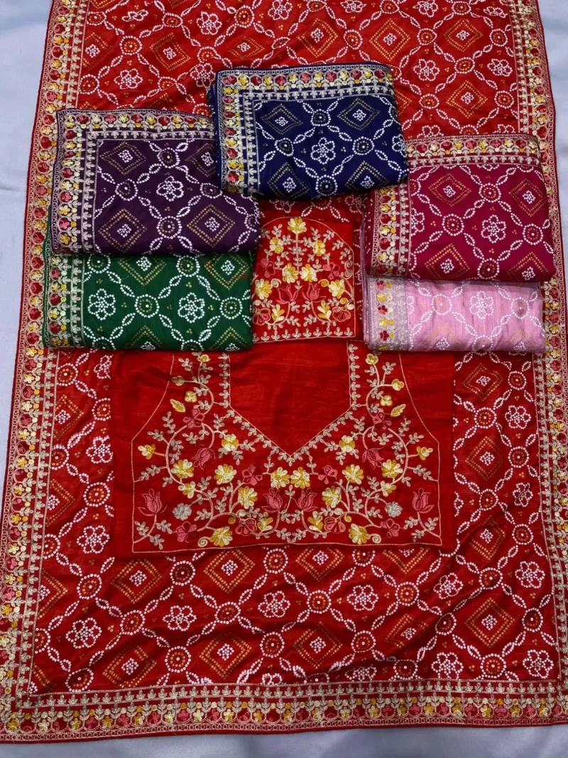 Golden Foil Bandhani Printed Lace Embroidered Wedding Saree