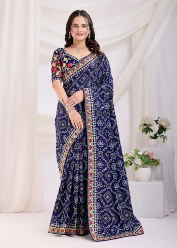 Golden Foil Bandhani Printed Lace Embroidered Wedding Saree