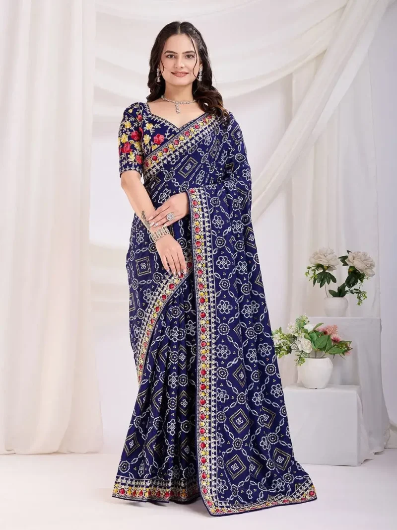 Golden Foil Bandhani Printed Lace Embroidered Wedding Saree