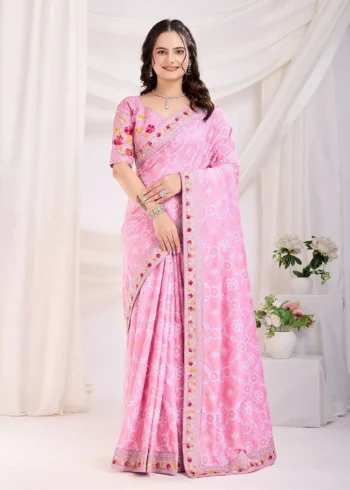 Golden Foil Bandhani Printed Lace Embroidered Wedding Saree
