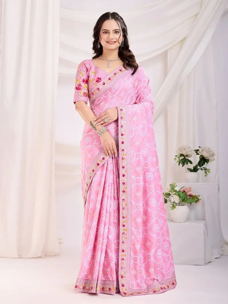 Golden Foil Bandhani Printed Lace Embroidered Wedding Saree