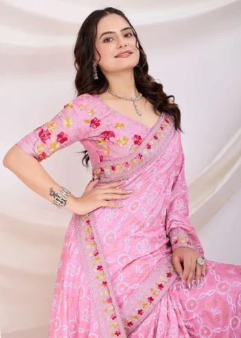 Golden Foil Bandhani Printed Lace Embroidered Wedding Saree