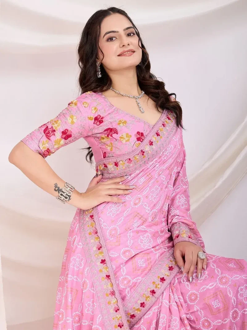 Golden Foil Bandhani Printed Lace Embroidered Wedding Saree
