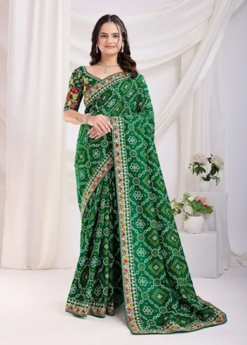 Golden Foil Bandhani Printed Lace Embroidered Wedding Saree