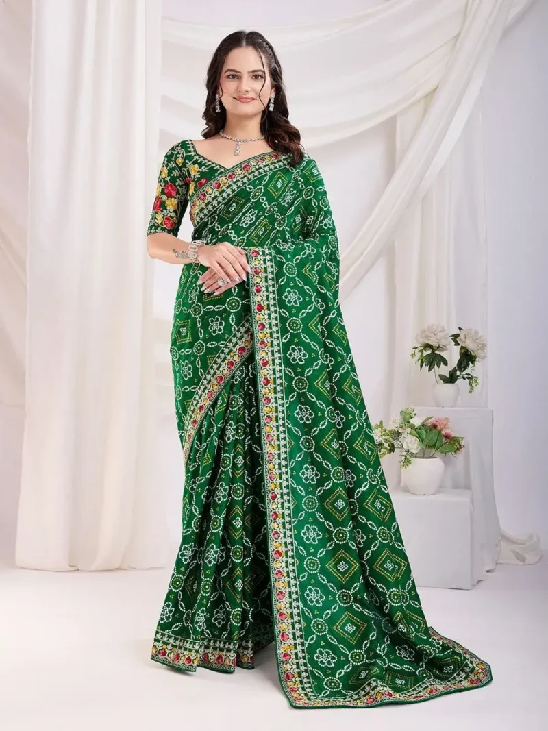 Golden Foil Bandhani Printed Lace Embroidered Wedding Saree