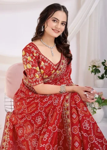 Golden Foil Bandhani Printed Lace Embroidered Wedding Saree