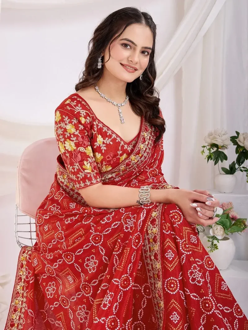 Golden Foil Bandhani Printed Lace Embroidered Wedding Saree