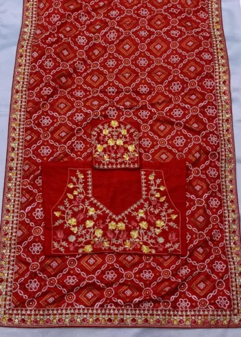 Golden Foil Bandhani Printed Lace Embroidered Wedding Saree