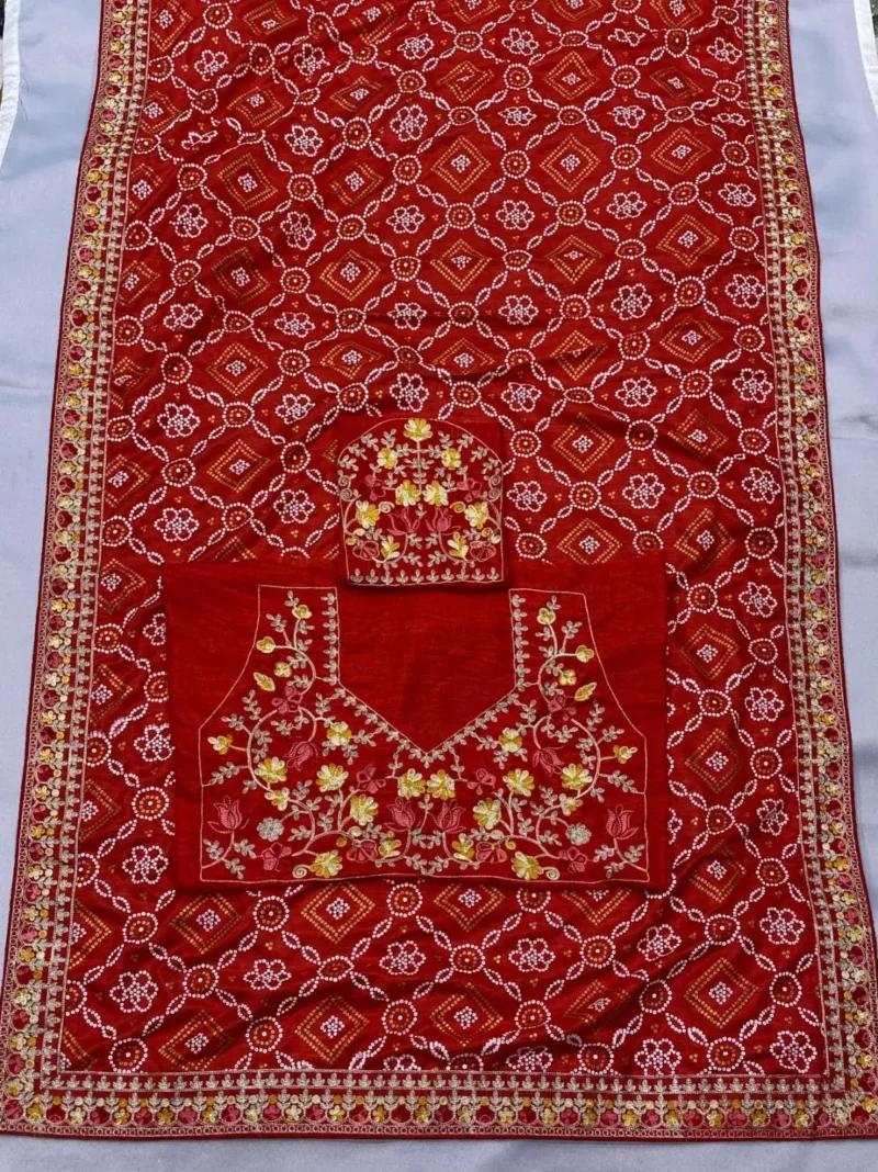 Golden Foil Bandhani Printed Lace Embroidered Wedding Saree