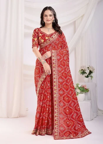 Golden Foil Bandhani Printed Lace Embroidered Wedding Saree