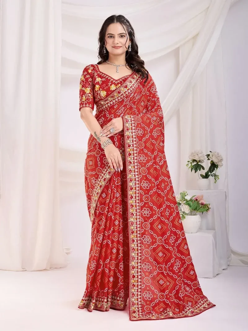 Golden Foil Bandhani Printed Lace Embroidered Wedding Saree