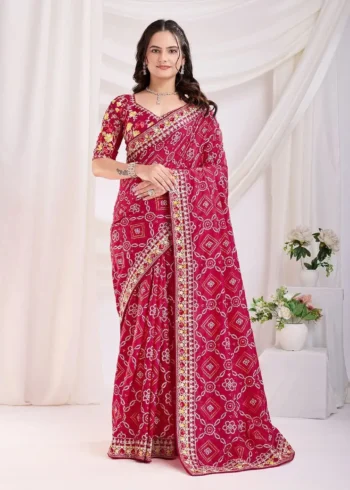 Buy Pink Colour Saree 37 Golden Foil Bandhani Printed Lace Embroidered Wedding Saree