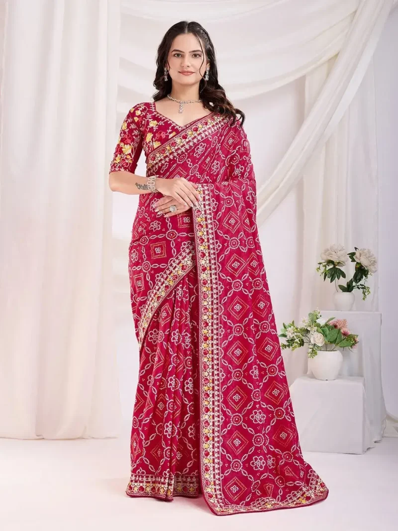 Golden Foil Bandhani Printed Lace Embroidered Wedding Saree