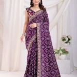 Golden Foil Bandhani Printed Lace Embroidered Wedding Saree