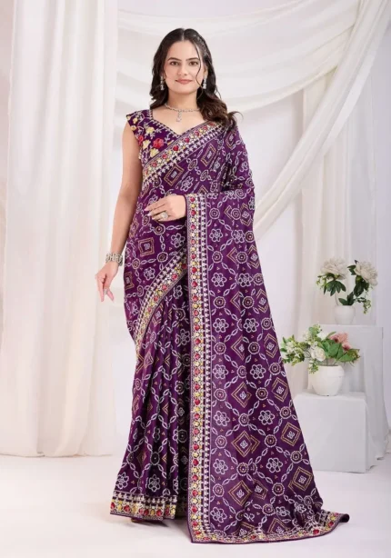 Golden Foil Bandhani Printed Lace Embroidered Wedding Saree