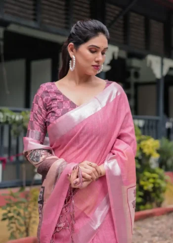 Graceful Pink Digital Print Linen Saree