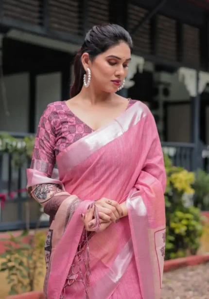 Graceful Pink Digital Print Linen Saree