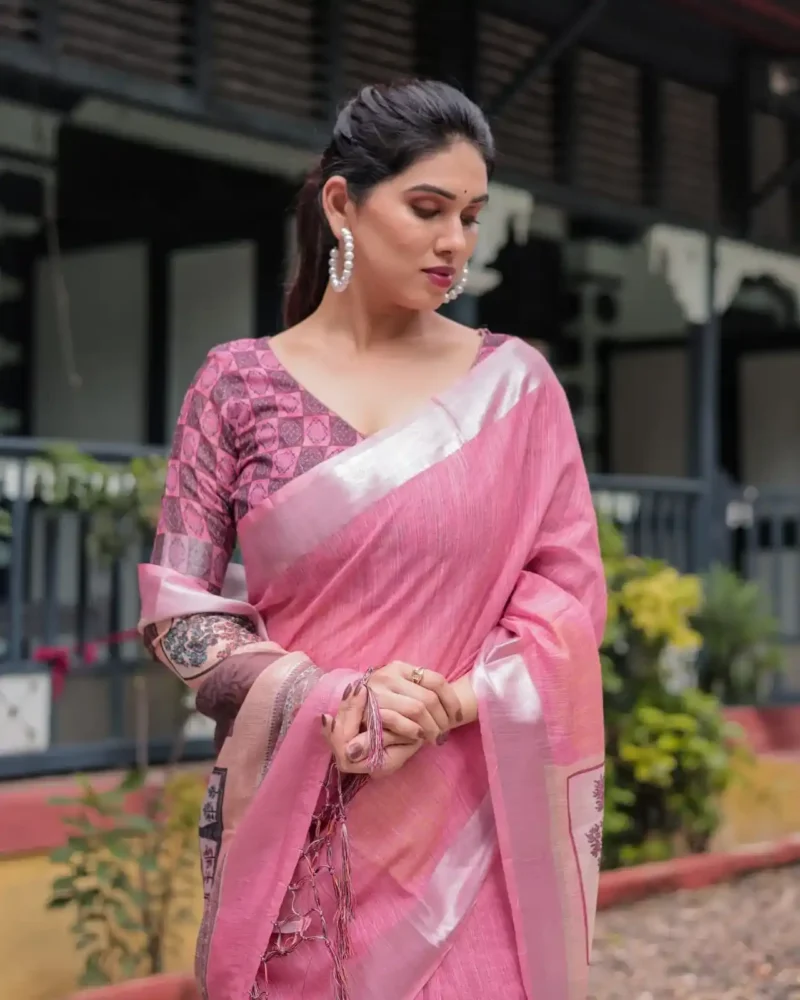 Graceful Pink Digital Print Linen Saree