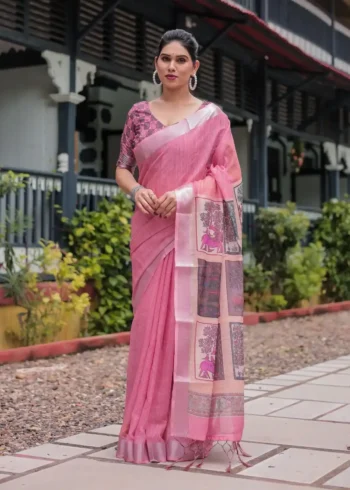 Graceful Pink Digital Print Linen Saree