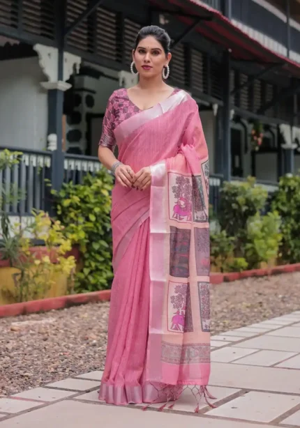 Graceful Pink Digital Print Linen Saree