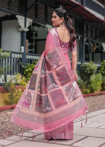 Graceful Pink Digital Print Linen Saree