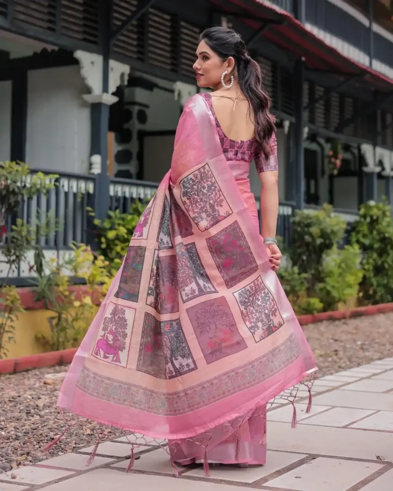 Graceful Pink Digital Print Linen Saree