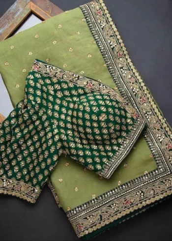 Green Heavy Lace Embroidery Work Organza Party Wear Saree
