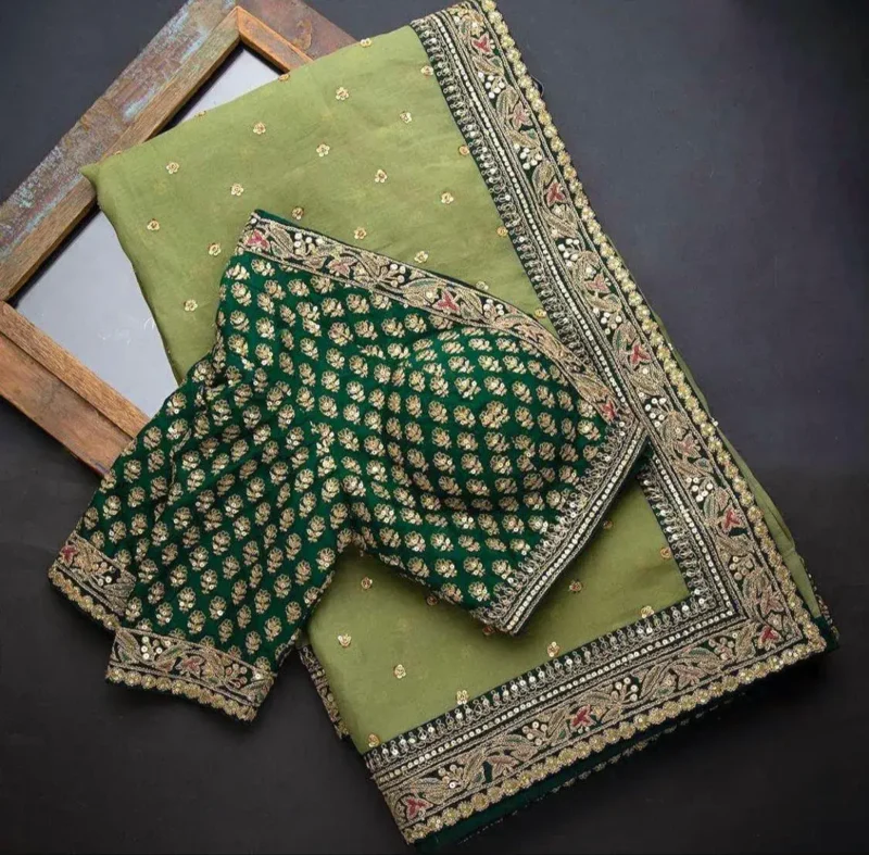 Green Heavy Lace Embroidery Work Organza Party Wear Saree