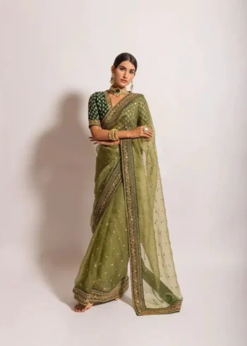Green Heavy Lace Embroidery Work Organza Party Wear Saree