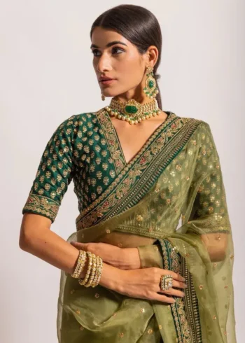 Green Heavy Lace Embroidery Work Organza Party Wear Saree