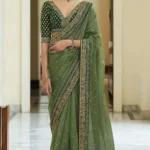 Green Heavy Lace Embroidery Work Organza Party Wear Saree