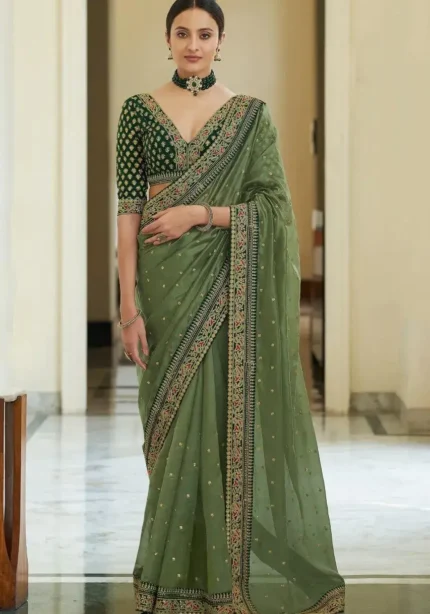 Green Heavy Lace Embroidery Work Organza Party Wear Saree