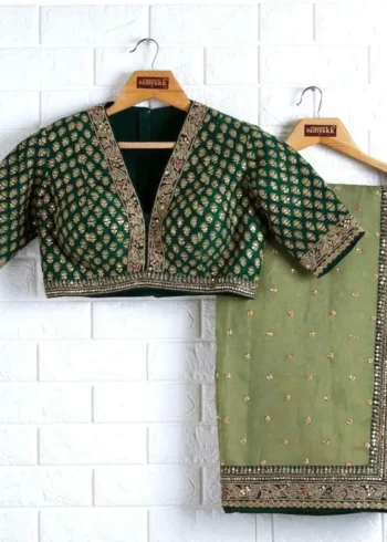 Green Heavy Lace Embroidery Work Organza Party Wear Saree