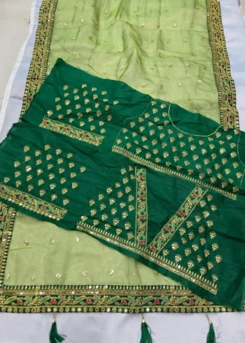 Green Heavy Lace Embroidery Work Organza Party Wear Saree