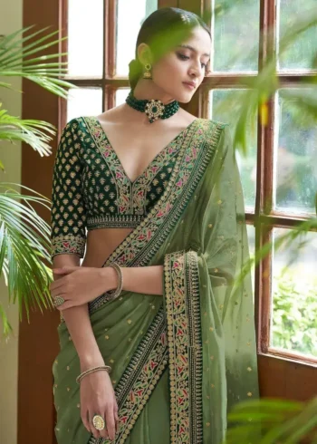 Green Heavy Lace Embroidery Work Organza Party Wear Saree