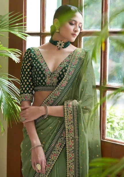 Green Heavy Lace Embroidery Work Organza Party Wear Saree