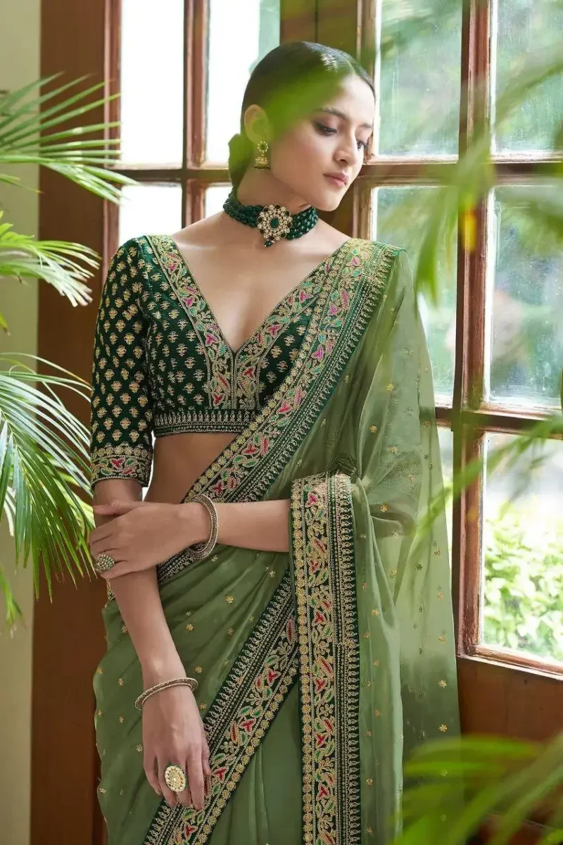 Green Heavy Lace Embroidery Work Organza Party Wear Saree